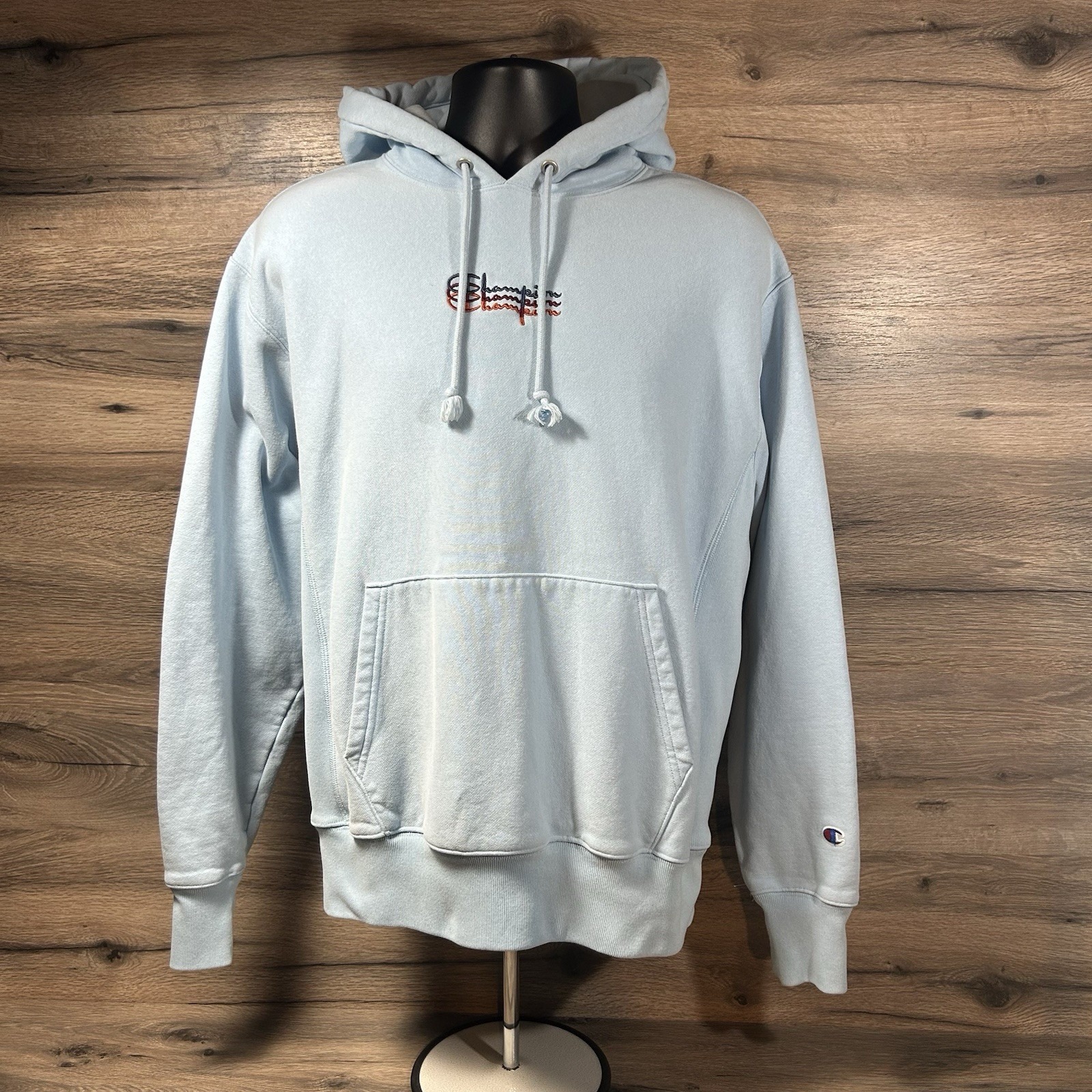 Champion Reverse Weave Triple Script Logo Pullover Hoodie Large Light Blue